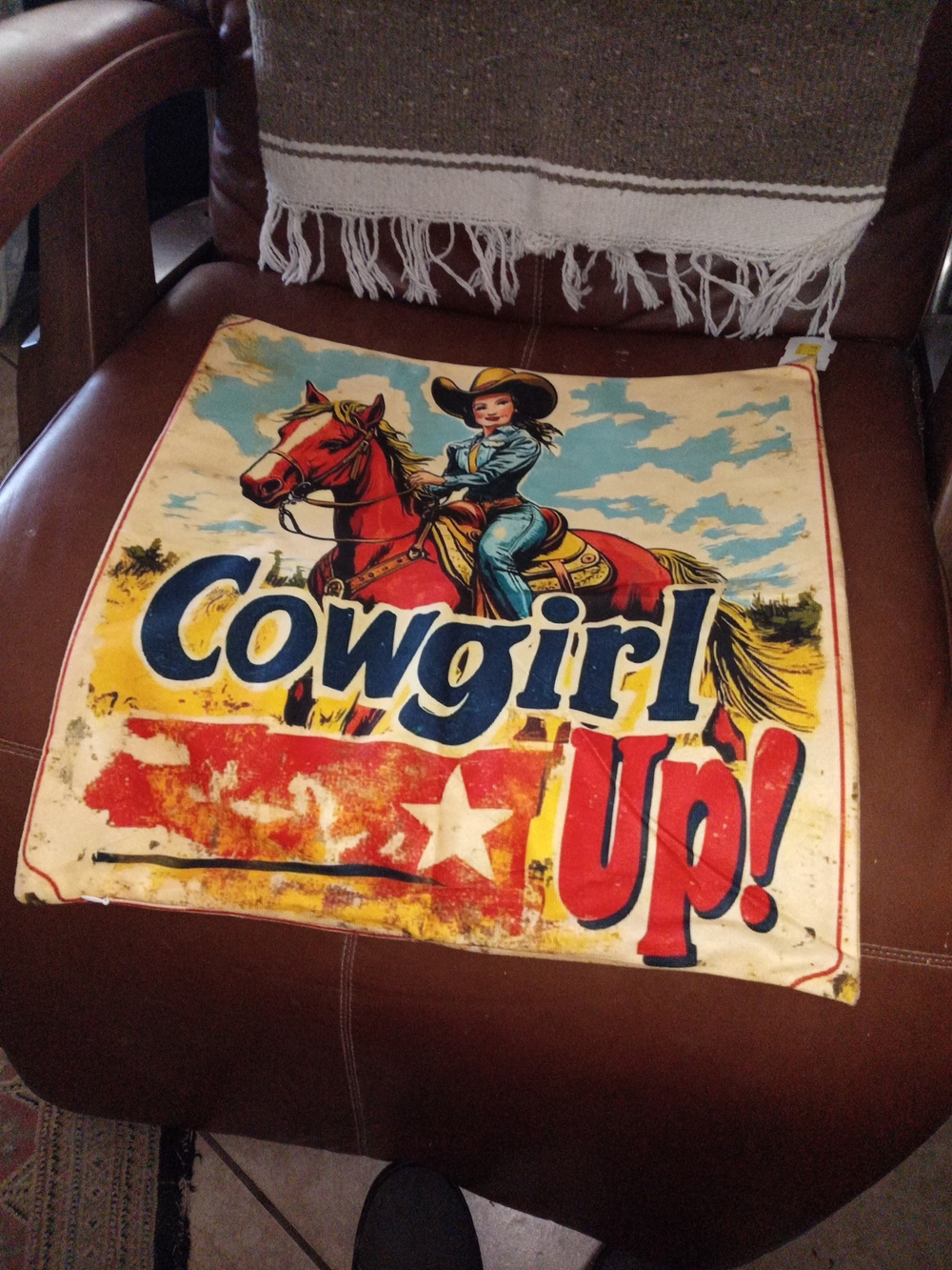 Cowgirl Up! Decorative Throw Pillow Cover in Red, Blue and Yellow